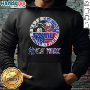 Good New York City sports hoodie featuring Nets, Islanders, Giants, and Yankees logos, perfect for fans.