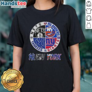 Good New York City sports logos for Nets, Islanders, Giants, and Yankees combined on a ladies tee shirt.