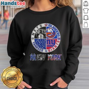 Alt Text: Cozy sweatshirt featuring combined logos of New York City sports teams: Nets, Islanders, Giants, and Yankees.