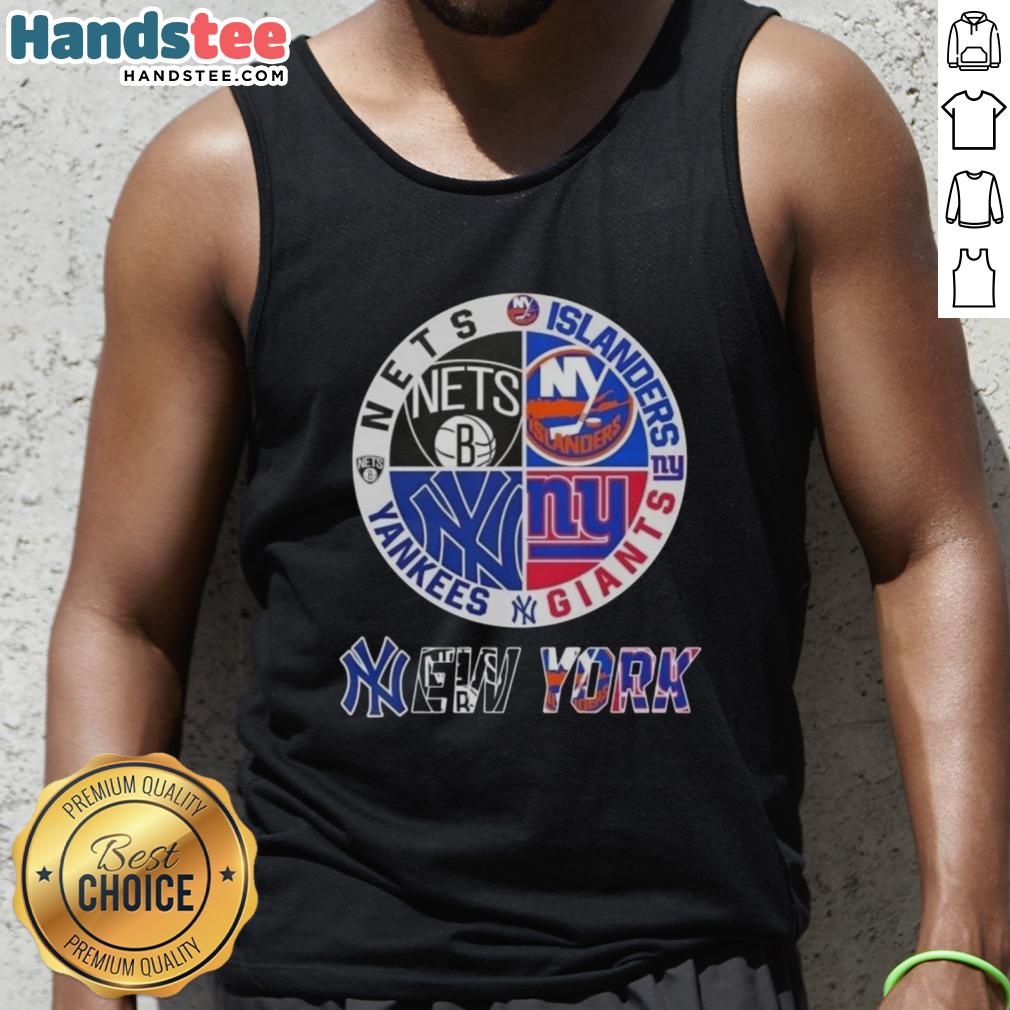 Good New York City sports tank top featuring logos of Nets, Islanders, Giants, and Yankees in vibrant designs.