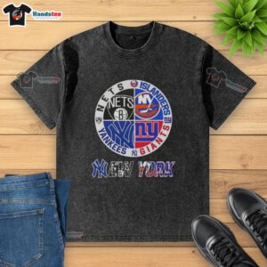 Alt Text: Good New York City sports t-shirt featuring logos of Nets, Islanders, Giants, and Yankees in a stylish design.