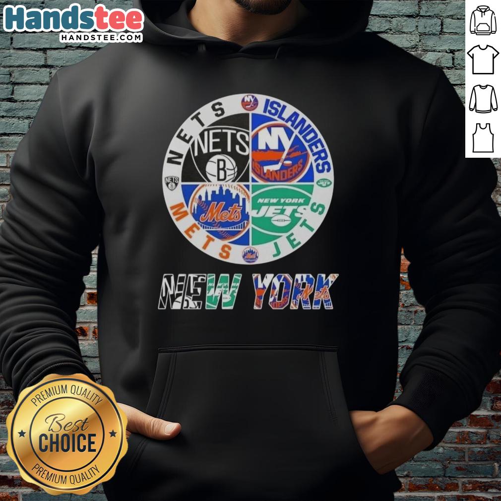 Good New York City sports hoodie featuring Nets, Islanders, Jets, and Mets logos, perfect for NYC sports fans.