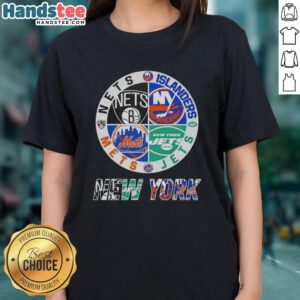 Good New York City Sports logos: Nets, Islanders, Jets, and Mets combined on a stylish ladies tee.