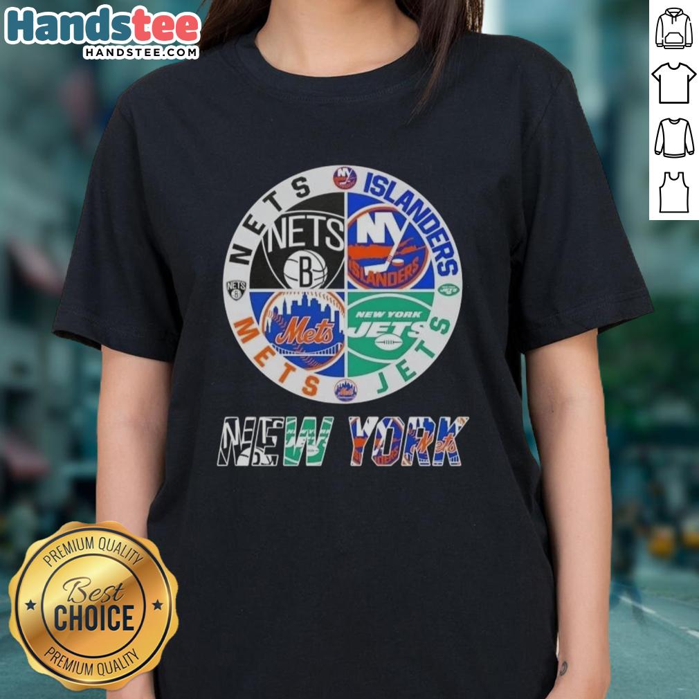 Good New York City Sports logos: Nets, Islanders, Jets, and Mets combined on a stylish ladies tee.