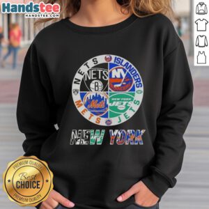 Good New York City sports sweatshirt featuring Nets, Islanders, Jets, and Mets logos in a stylish design.