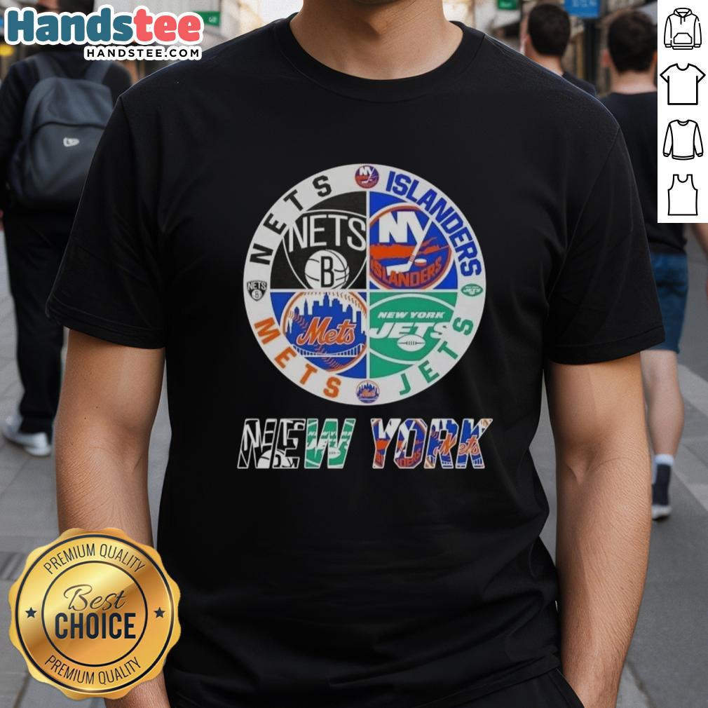 Good New York City sports t-shirt featuring combined logos of Nets, Islanders, Jets, and Mets for fans.