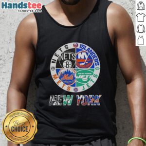 Good New York City sports tank top featuring logos of Nets, Islanders, Jets, and Mets for sports fans.