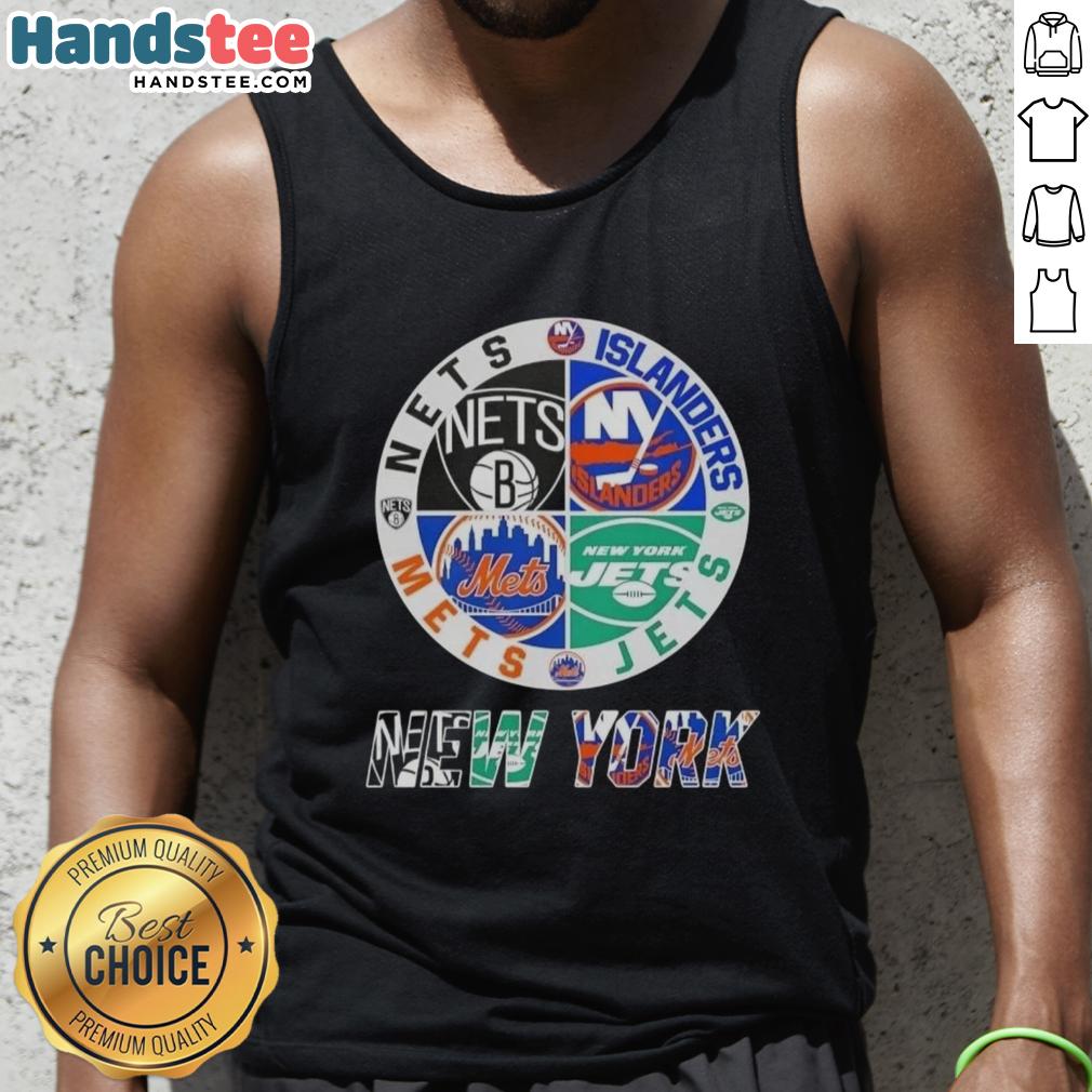 Good New York City sports tank top featuring logos of Nets, Islanders, Jets, and Mets for sports fans.