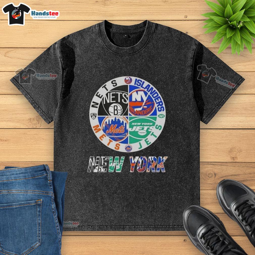 Alt Text: Good New York City sports washed t-shirt featuring logos of the Nets, Islanders, Jets, and Mets.
