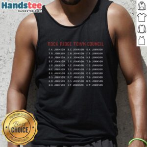 Alt Text: Good Rock Ridge Town Council members wearing Johnson tank tops at a community meeting, showcasing local pride.