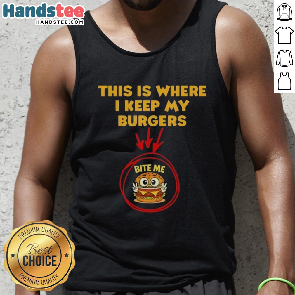 Good-This-Is-Where-I-Keep-My-Burgers-Bite-Me-Tank-Top featuring a fun burger graphic, perfect for summer BBQs and casual wear.