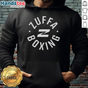 Man wearing a Good Zuffa Boxing Ring Walk hoodie, ready for a boxing match, showcasing sporty style.