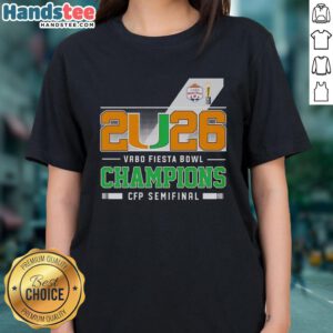 Happy Miami Hurricanes 2026 Vrbo Fiesta Bowl Champions ladies tee featuring team colors and logo, perfect for fans.