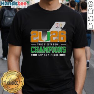 Miami Hurricanes 2026 Vrbo Fiesta Bowl Champions T-Shirt celebrating CFP Semifinal victory in vibrant team colors.