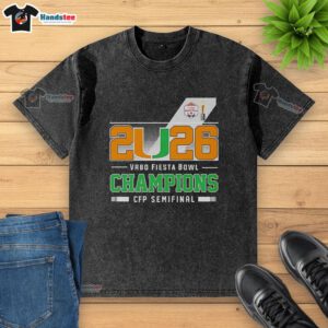 Happy Miami Hurricanes 2026 Vrbo Fiesta Bowl Champions CFP Semifinal washed t-shirt celebrating team victory.