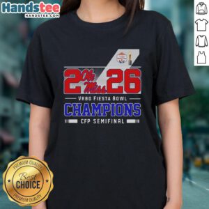 Alt Text: Happy Ole Miss Rebels 2026 Vrbo Fiesta Bowl Champions CFP Semifinal Ladies Tee showcasing team spirit and celebration.