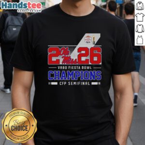 Happy Ole Miss Rebels 2026 Vrbo Fiesta Bowl Champions CFP Semifinal T-Shirt featuring vibrant team colors and logo.