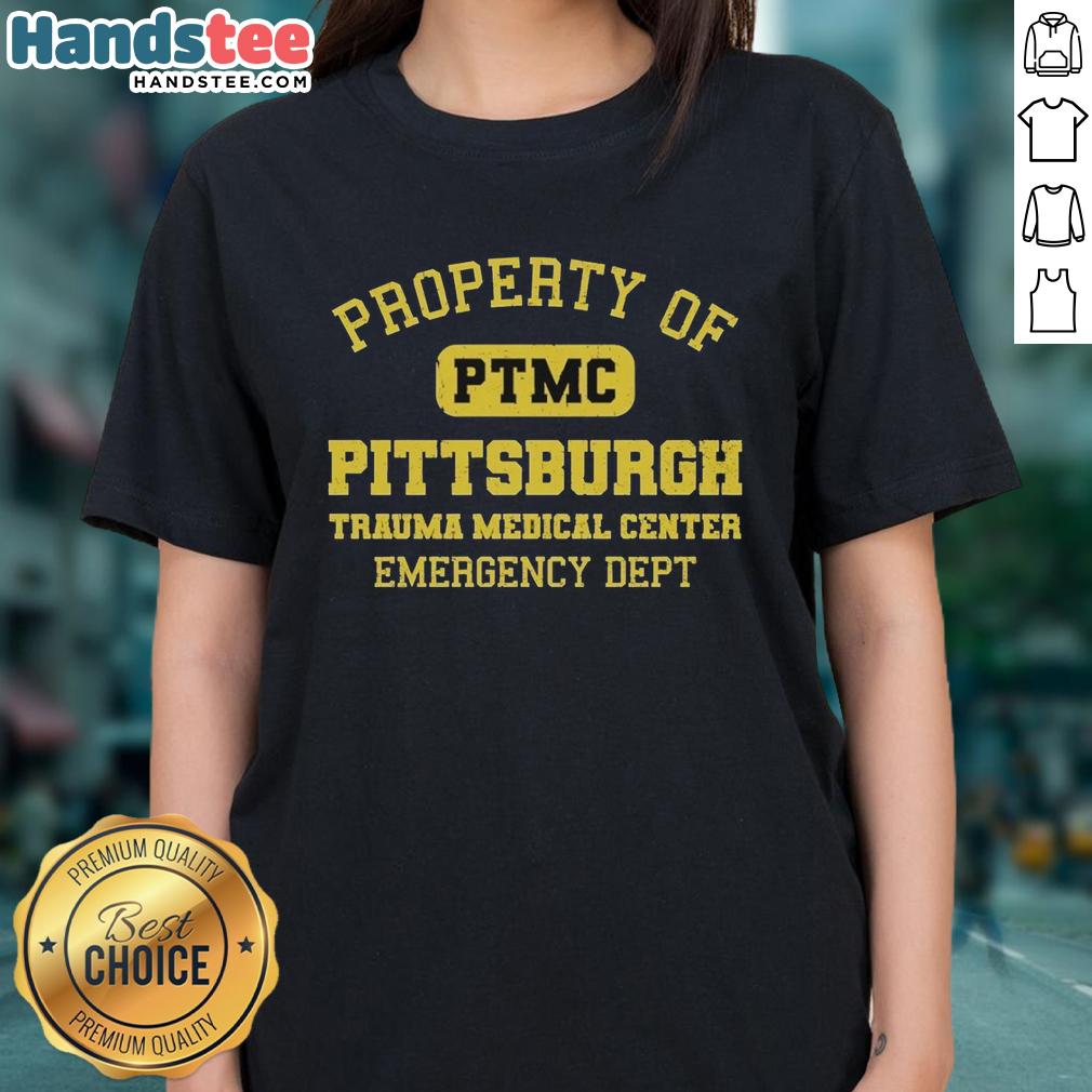 Alt Text: Ladies' tee featuring the Hot Property of PTMC Pittsburgh Trauma Medical Center Emergency Dept logo and design.
