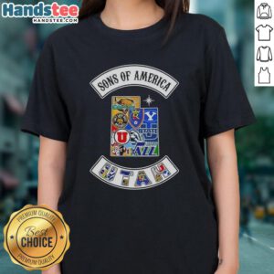 Hot Son of America Utah Map sports logos combine on a stylish ladies tee, perfect for sports fans and fashion enthusiasts.