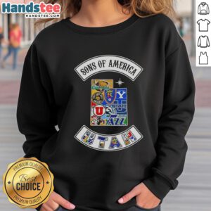 Alt Text: Hot Son of America Utah Map Sports Logos Combine Sweatshirt featuring unique designs and vibrant colors.