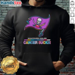 Hot Tampa Bay Buccaneers hoodie featuring bold 'Cancer Sucks' logo in team colors, perfect for fans supporting a cause.