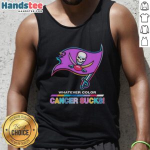 Hot Tampa Bay Buccaneers football tank top featuring colorful 'Cancer Sucks' logo for fans and supporters.