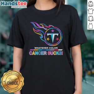Hot Tennessee Titans Football ladies tee featuring colorful 'Cancer Sucks' logo, perfect for fans and supporters.