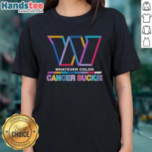 Hot Washington Commanders football ladies tee featuring colorful 'Cancer Sucks' logo design for team spirit and support.