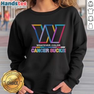 Alt Text: Hot Washington Commanders football sweatshirt featuring vibrant colors and a Cancer Sucks logo design.