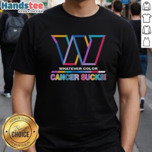 Alt Text: Hot Washington Commanders Football T-Shirt in vibrant colors promoting cancer awareness with 'Cancer Sucks' logo.