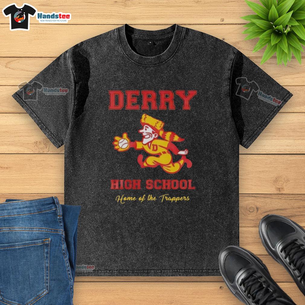 Nice Derry High School Home of the Trappers washed t-shirt displayed on a hanger, showcasing school spirit and style.