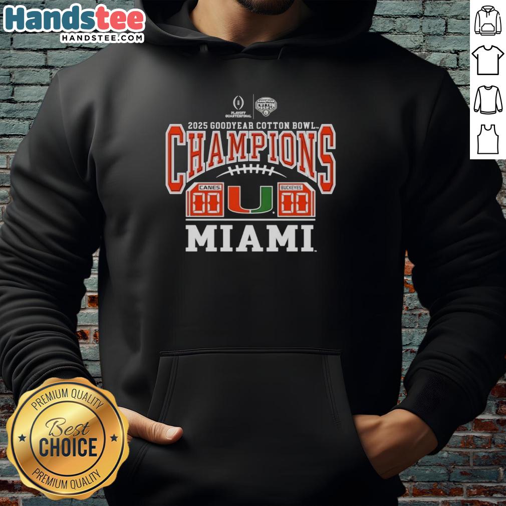 Alt Text: 2025 Goodyear Cotton Bowl Champions hoodie featuring Miami Hurricanes game score design for fans.