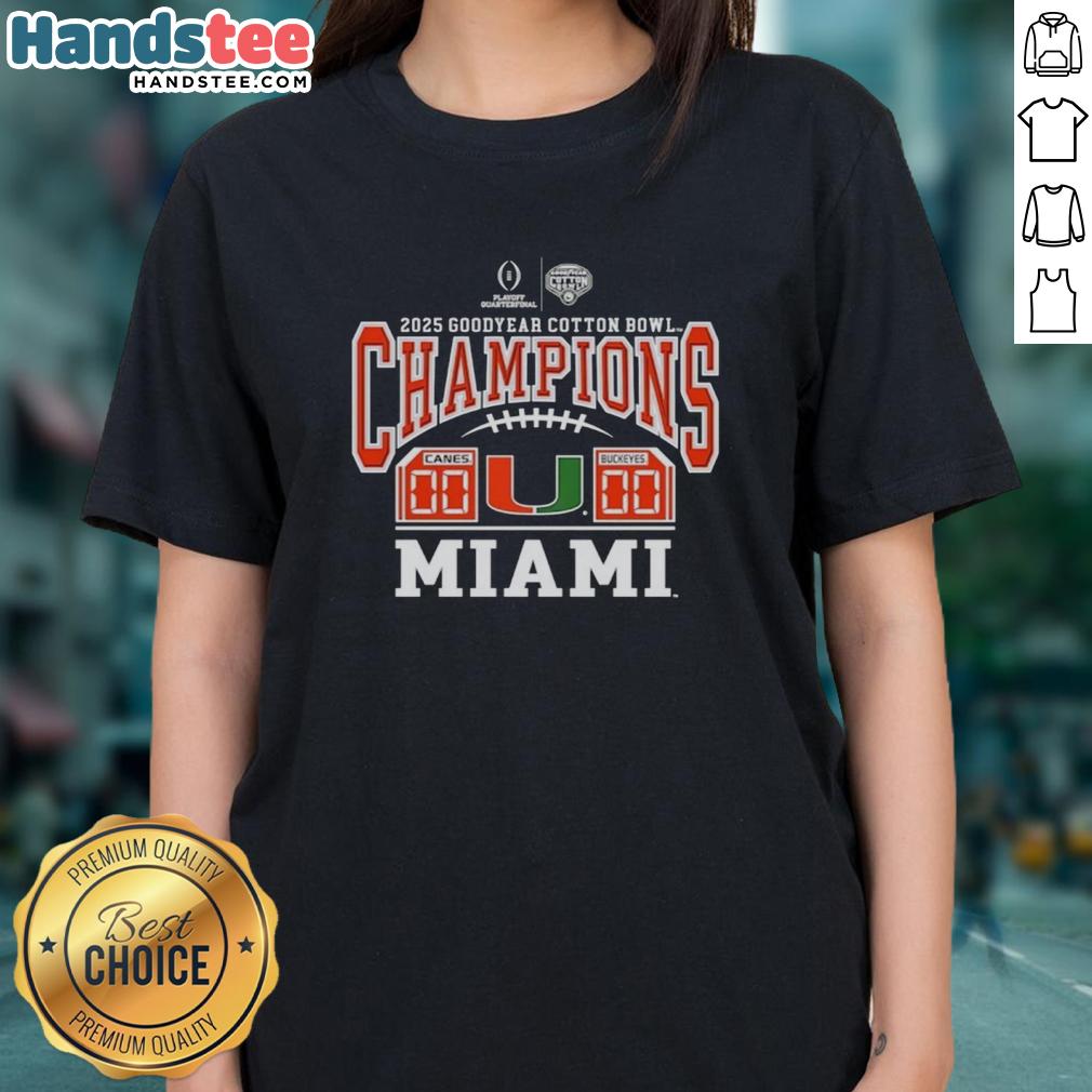Miami Hurricanes 2025 Cotton Bowl Champions ladies tee featuring game score and team logo, perfect for fans.