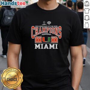 Alt Text: Nice Miami Hurricanes 2025 Goodyear Cotton Bowl Champions T-Shirt featuring vibrant team colors and winning game score.