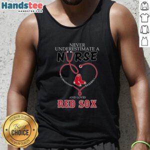 Alt Text: Woman wearing a Boston Red Sox tank top with stethoscope heart design, showcasing her love for baseball and nursing.
