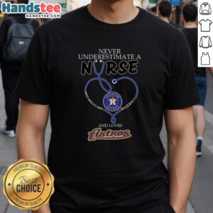 Alt Text: Nurse wearing a Houston Astros stethoscope heart t-shirt, showcasing love for baseball and healthcare.