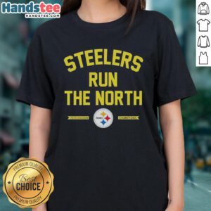 Alt Text: 2025 Pittsburgh Steelers Run the North Division Champions ladies tee, featuring team colors and logo design.