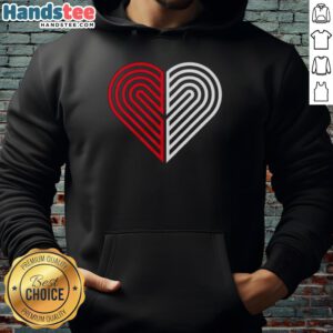 Heart design hoodie featuring 'Love Portland' and Trail Blazers logo, perfect for fans of Portland basketball.