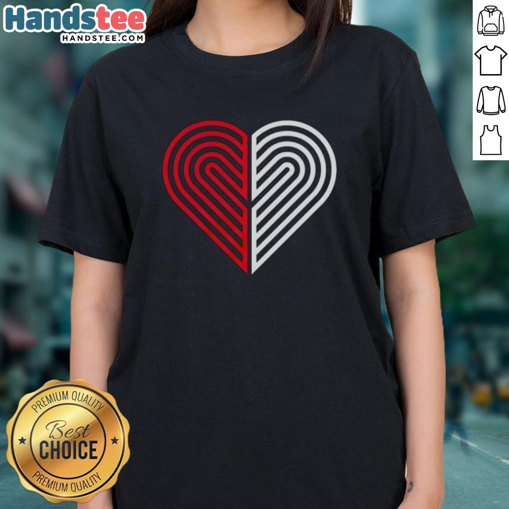 Womens heart tee featuring 'Love Portland' and Trail Blazers logo, perfect for basketball fans in Portland.