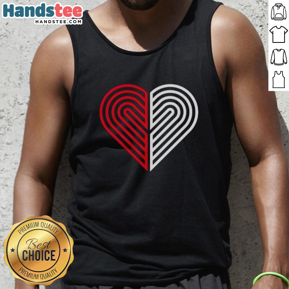 Stylish heart tank top featuring 'Love Portland' and Trail Blazers logo, perfect for fans of Portland basketball.
