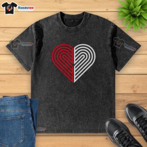 Alt Text: Heart-themed washed t-shirt featuring 'Love Portland' and Portland Trail Blazers logo, perfect for fans.