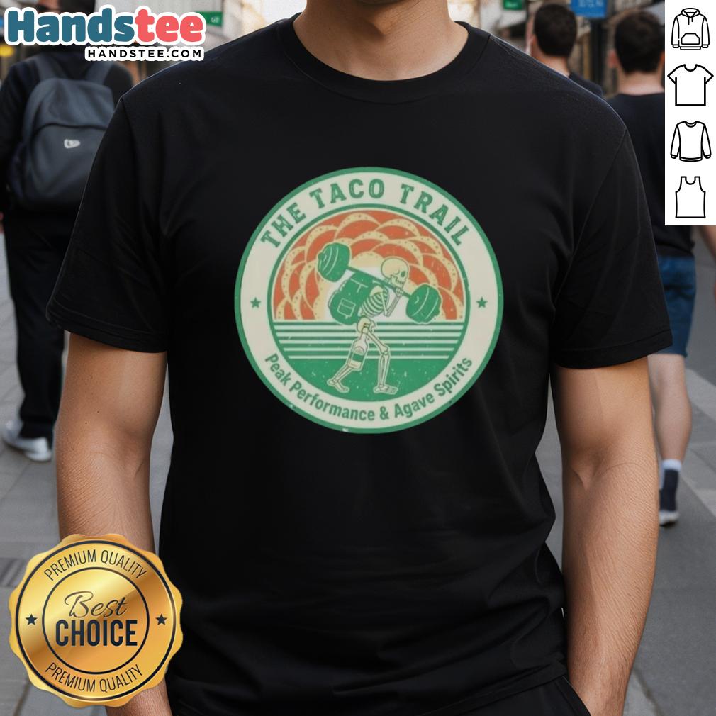 Nice Skeleton Taco Trail Peak Performance T-Shirt featuring vibrant agave spirits design for taco lovers.