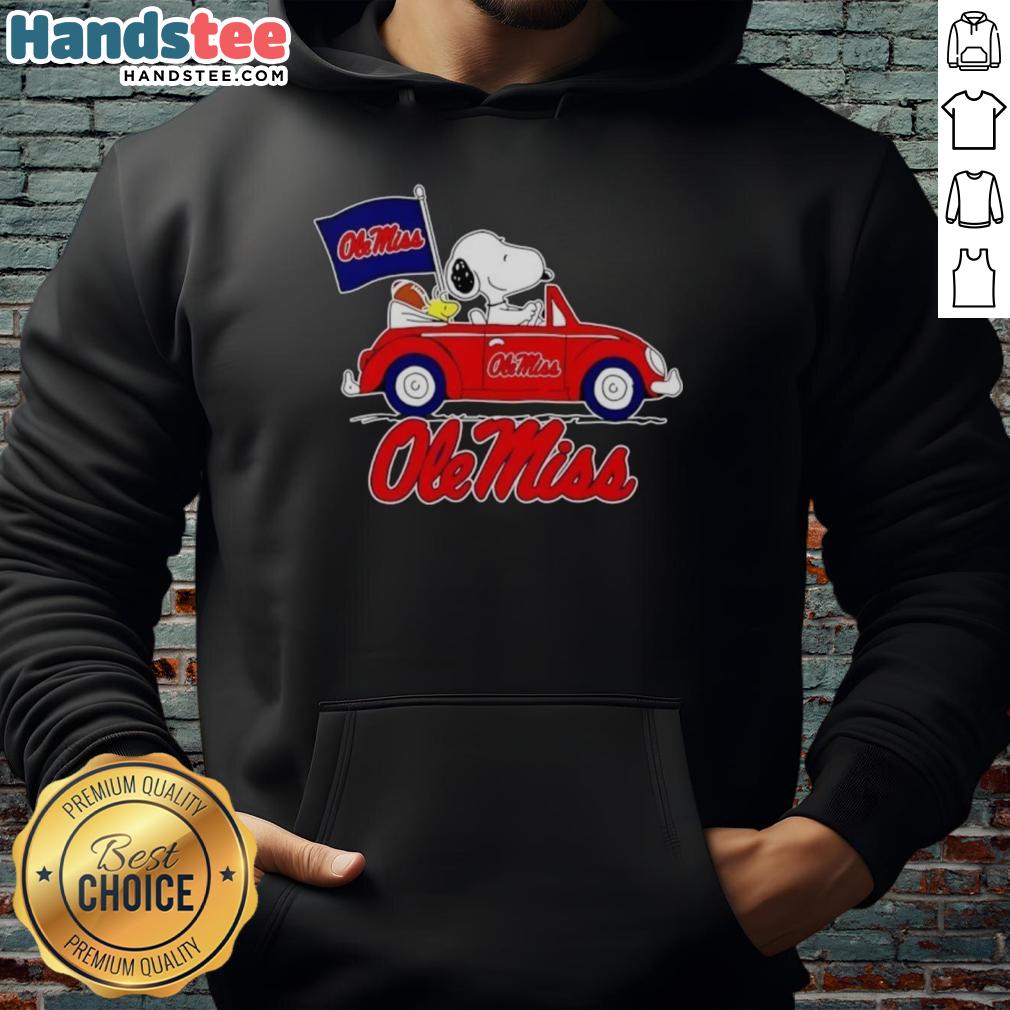 Snoopy and Woodstock in Ole Miss Rebels football flag hoodie, showcasing team spirit and playful design.