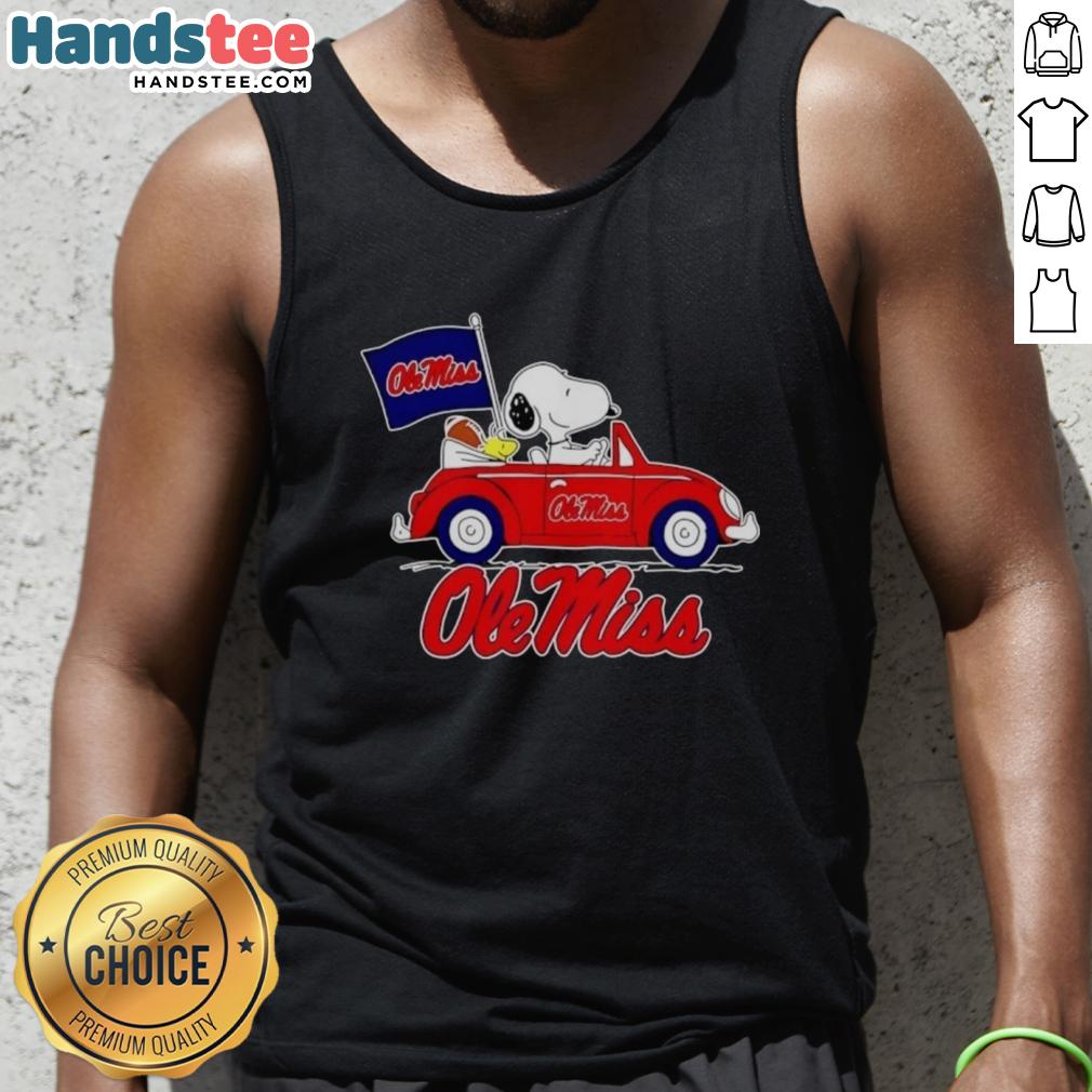 Alt Text: Snoopy and Woodstock driving on a tank top featuring Ole Miss Rebels football flag design.