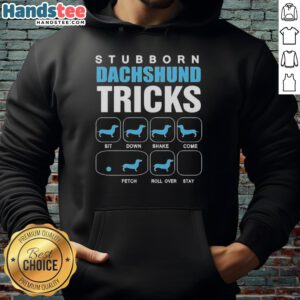 Adorable stubborn Dachshund showcasing tricks while wearing a 'Nice Stubborn Dachshund' hoodie, perfect for dog lovers.