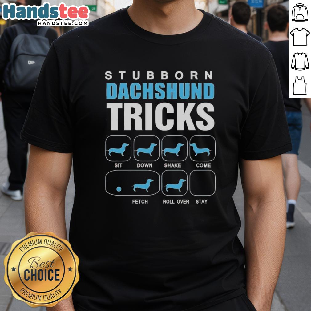 Funny Nice Stubborn Dachshund Tricks T-Shirt featuring a playful dachshund graphic, perfect for dog lovers.