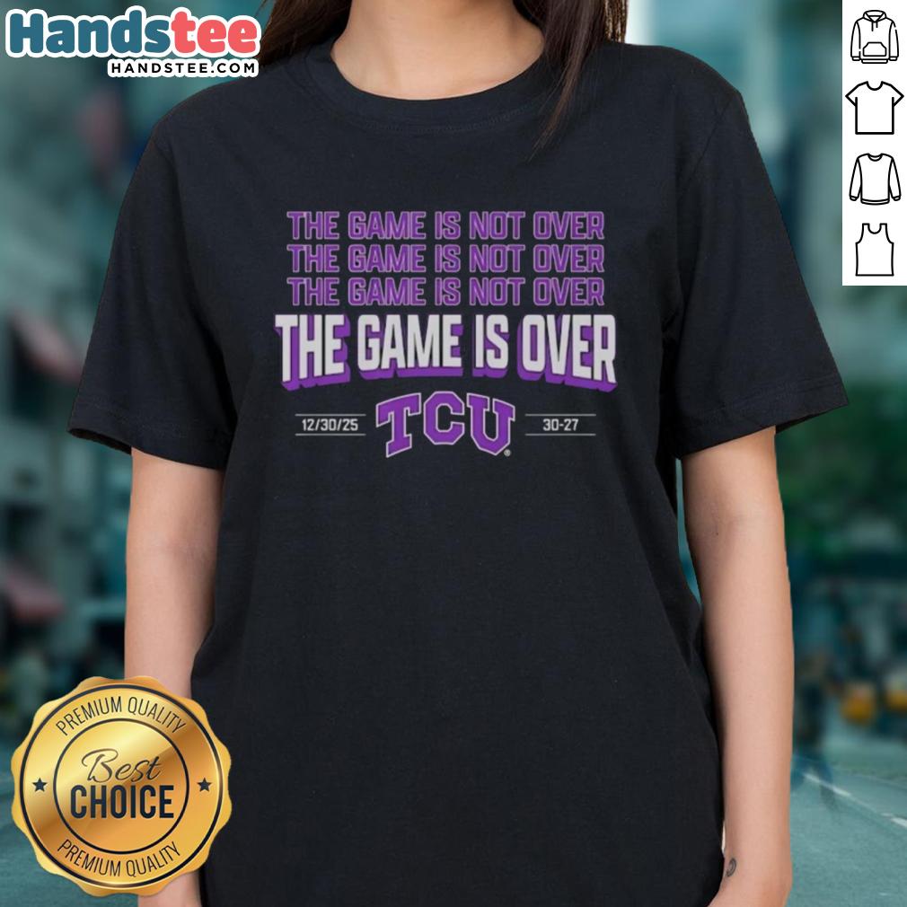 Alt Text: 2026 TCU Horned Frogs football ladies tee celebrating game victory with vibrant team colors and logo.
