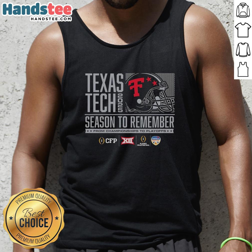 Texas Tech Red Raiders helmet on a tank top, celebrating the memorable 2025 championships and playoff season.