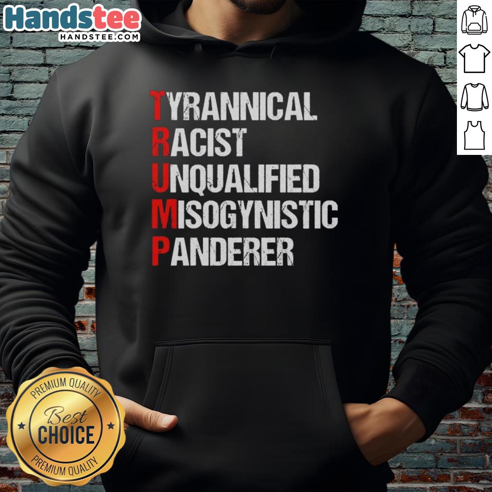 Bold hoodie design featuring the phrase 'Nice Trump: Tyrannical, Racist, Unqualified, Misogynistic Panderer' in striking graphics.