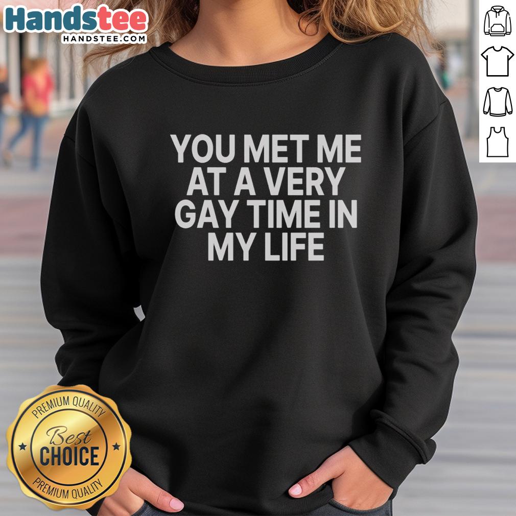 Cozy sweatshirt featuring 'Nice You Met Me At A Very Gay Time In My Life' design, perfect for LGBTQ+ pride and casual wear.